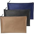 QIWEIS PU Zip Bag, 3 Pack A5 Bank Pockets, Faux Leather Wallet, Zipper, Black/Khaki/Navy Blue, 27 x 15 cm, for School, Business, Everyday Use