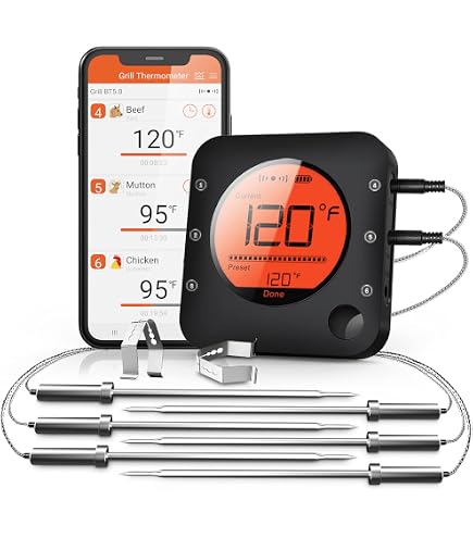 Thermomètre Barbecue QWORK – 2 Sondes Inox, écran LCD Rétroéclairé, Minuterie, Portée 30–50 M, Idéal Grillades