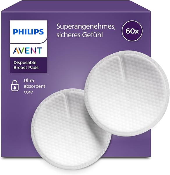 Philips Avent Einweg-Stilleinlagen – 3-lagiger ultrasaugfähiger Kern, auslaufsicher, wabenförmige weiche Oberfläche, ultradünn und diskret, einzeln verpackt, 60 Stück, SCF254/61 - 1