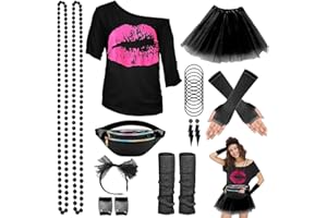 WILDPARTY 80er Jahre Outfit Damen Set, T-Shirt, Tutu, Gürteltasche, Stirnband, Ohrring, Halskette, Netzhandschuhe, 80er Jahre Kleidung Kostüm Neon Accessoires Party Karneval Clothes-80SMouth-Black-XL