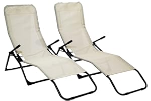 Makro 2 x Rocker Loungers Cream Sunchair Recliner Outdoor Garden Furniture Folding
