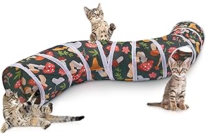 Hedgeink Cat Tunnel S-Shape Peekaboo Cat Cave with Toys Tunnels for Indoor Cats Foldable Rabbit Play Tubes for Guinea Pig, Ferret, Hamster Puppy, Bunny, Kitten, Dark green mushrooms