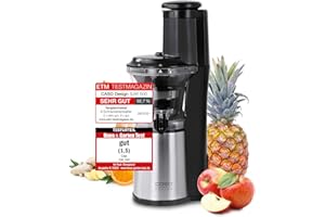 ‎CASO CASO SJW 500 - Design Slow Juicer, Testergebnis „Sehr gut“, Entsafter für Obst, Gemüse & Kräuter, große Einfüllöffnung 75 mm Ø für ganze Früchte, mit Saft- und Sorbetsieb, Schwarz, Edelstahl