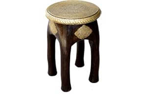 Casa Moro Orientalny taboret do siedzenia Kamala wys. 45 x Ø 34 cm okrągły z litego drewna mango, ręcznie rzeźbiony z mosiądzu | rzemiosło artystyczne | taboret drewniany w stylu vintage | MA03-24