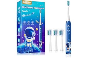DADA-TECH Cepillo Electrico Infantil Niños 3-6-12, Cepillo De Dientes Eléctrico Niños Con Luces LED Arcoíris Y 4 Cabezales De Alto Grado De Redondez Escova Dentes Electrica Crianca (Astronauta azul)