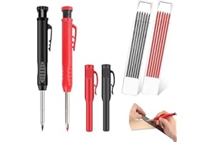 AFIODA 2 Pack Carpenters Pencil Mechanical Pencil Set, Deep Hole Marker with Built-in Sharpener, 12 Refills 2.8mm, Long Nose Solid Joiners Pencil for Construction, Architect, Woodworking (Black & Red)