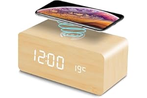 VORRINC Sveglia in Legno con Caricabatterie Wireless, Sveglia Digitale, Regolazione Luminosità a 3 Livell, Controllo vocale Intelligente, Orologio da Comodino Doppio Alimentatore