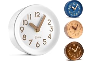 Driini Wooden Analog Desktop Clock – 4.3 in. Decorative Pinewood Clock, No-Tick Design – Easy to Read Silent Sweep Mantle Clock – Quiet Tabletop Clocks with Wood Body, Hands, & Battery Cover; White