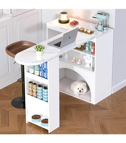KOMHTOM Centrale Cuisine Extensible Avec Buffet – Table Bar Relevable, Portes Verre, Étagères | Meuble Gain De Place Multifonction