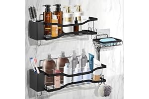 NCTOBEROWS Shower Caddy 3 Pack, Rustproof Bathroom Shelf Organiser No Drilling, Adhesive Shower Organizer, Shower Storage Rack with Soap Razor Holder&4 Hooks&Toothpaste Case, Bathroom Accessories, Black