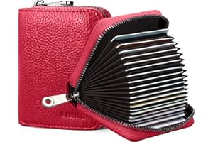 Goopai RFID 20 Card Slots Credit Card Holder Genuine Leather Accordion Card Case Small Wallet for Women or Men with Zipper (Red)