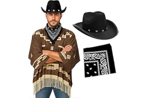 I LOVE FANCY DRESS Adults Cowboy Costume - Dark Brown Poncho with Tassel Fringe, Black Star-Studded Cowboy Hat, Black Paisley Bandana - Mens Wild West Bandit Gunslinger Western Fancy Dress Costume