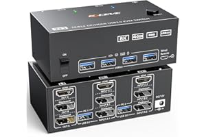 CAMGEET USB 3.0 KVM Switch 3 monitor 2 computer 8K a 60 Hz 4K a 144 Hz, HDMI+2 Displayport Switch KVM triplo monitor per 2 computer Condividi 3 monitor e 4 dispositivi USB 3.0, telecomando cablato e 5 cavi
