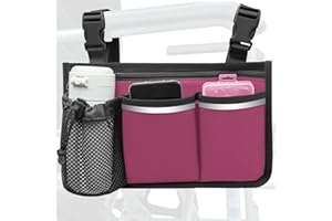 SHIFANQI Wheelchair Side Bag and Armrest Organizer Pouch With Cup Holder, Reflective Strip - Accessories for Most Wheelchairs, Walkers, Rollators (Burgundy)