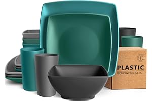 Teivio 16-Piece Kitchen Plastic Square Dinner Set, Service for 4, Dinner Plates, Dessert Plates, Bowls, Cups, Unbreakable Plastic Plates and Bowls Set, Outdoor Camping Dishes, Coastal Multicolor