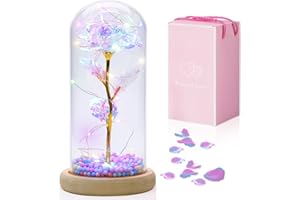Qoolife Die Schöne und das Biest Rose, Ewige Rose im Glas mit LED-Lichter Holzsockel für Sie, Rose in Glas Geschenk auf Weihnachten, Valentines, Konservierte Blume Geschenk zum Jahrestag