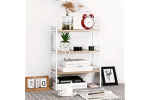 DOTOGO Wood Office Desk Shelf Organizer - Desktop Supplies Cute Dresser Top Organization Storage Rack and Cubicle Decor Aesthetic Bookshelf for Women Man and Kids (white-wood 3 tier)