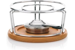 kela Rechaud para fondue de queso con quemador de pasta NATURA, calentador metálico cromado para fondue, recipiente para pasta combustible con posavasos de madera de haya