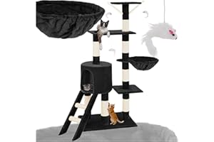 tectake® Albero Tiragraffi per Gatti, Comoda Casetta Gatti, 3 Topolini Giochi Gatto, Vari Piani, Struttura Resistente, Tiragraffi per Gatti Adulti e Cuccioli, Altezza 144 cm - Nero