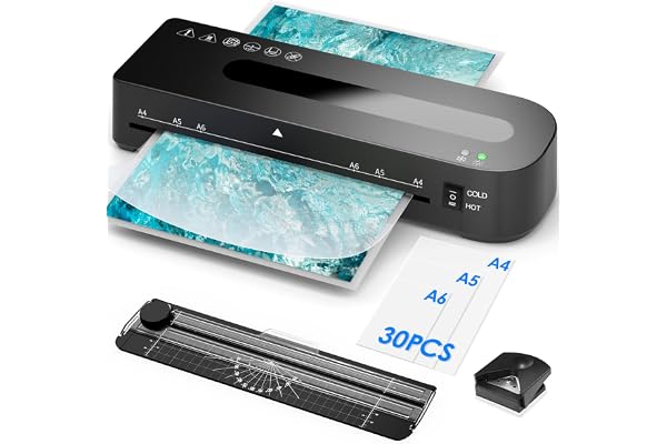 Plastifieuse A4,Plastifieuse 4 en 1 avec 30 Feuilles de Machine à Plastifier pour A4/A5/A6 Réchauffement Rapide, Ensemble de Plastification à Chaud et à Froid avec Coupe-papier, Arrondisseur d'angle