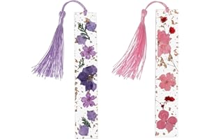 cobee Marcapáginas de flores secas de resina, 2 piezas de marcapáginas transparentes prensadas hechas a mano floral con borla, bonito marcapáginas para mujeres y niños
