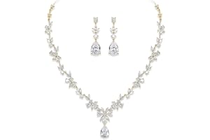 EVER FAITH Parure Femme Mariage Set Hojas Lindas Collar de Diamantes de imitación de circón Conjunto de Pendientes Colgantes con Babero
