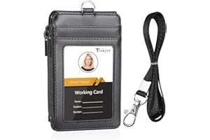 Teskyer Porta Badge, Porta Badge Da Collo in Pelle PU, con Cordino in Nylon con Gancio a J in Acciaio Inossidabile, con Tasca con Cerniera, 1 Cancella Finestra ID e 3 Slot Per Schede, Nero