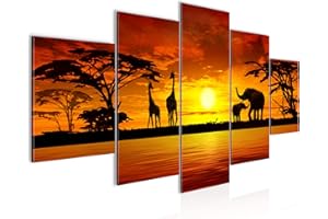 Runa Art - Cuadros Decorativos África Puesta De Sol 200 x 100 cm 5 Piezas XXL Decoracion de Pared Diseño Naranja 000251a