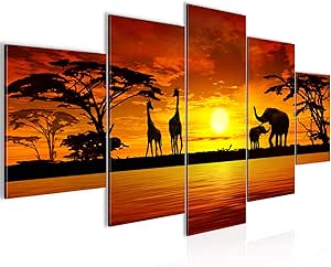 Runa Art Tableau Décoration Murale Cerf D'hiver 200x80 Cm - 5 Panneaux Deco Toile Prêt à