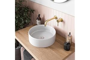 BAYSTONE® Fluted Countertop Basin for Bathroom and Cloakroom Hand Wash Basins Sink Modern White Gloss Round, 360 x 360mm