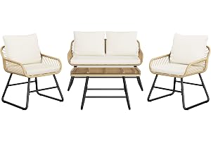 Yaheetech Polyrattan trädgårdsmöbelset 4 delar, balkongmöbler, loungeset inkl. 2-sitsigt 2-sitsigt bord, väderbeständigt utemöbler, sittgrupp med kudde för balkong, trädgård, ljusbrun och krämvit