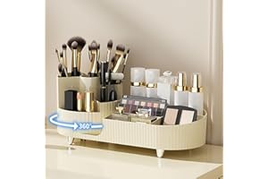 Lenfuos Makeup Organiser, 360° Rotating Make up Organiser, Compartment 2 In 1 Skincare Organiser, Cosmetics Organiser Storage Is Perfect for Dresser, Bathroom, Bedroom (Milky White)