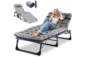 Obqer Lit de Camp Pliable 1 Personne, Capacité de Charge 200Kg Lit Pliant avec Matelas, Poches LatéRales et Appui-tête, Dossier RéGlable, Convient pour Le Jardin, Les Bains de Soleil et Le Bureau