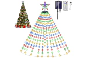 HELESIN Solarny łańcuch świetlny na choinkę z pierścieniem i gwiazdą wierzchnią, łańcuch świetlny na choinkę, 400 diod LED, 8 trybów pracy, timer, wodoszczelny, zasilany przez USB, oświetlenie