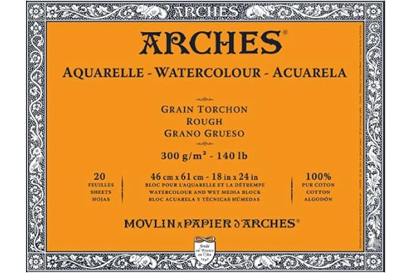 Arches 1795089 akvarellpapper i block (46 x 61 cm, limmad på 4 sidor, 300 g/m² grovkorn) 20 ark naturvit