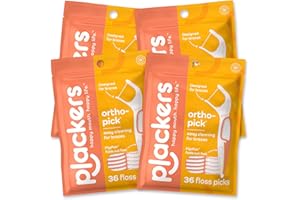 Plackers Orthopick Lot de 4 cure-dents doux et flexibles pour appareils dentaires, fabriqués avec du fil dentaire Super TufFloss, doux pour les appareils dentaires, orange, 144 pièces
