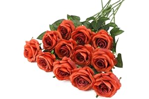 Cotemdery Artificial Orange Velvet Roses 10 Fake Silk Rose Single Flowers with Stem Floral Gift for Wedding Arrangement Party Home Decor