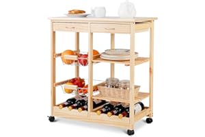 COSTWAY Carrello da Cucina con Ruote, Carrello con 2 Cassetti, Portabottiglie e Cestini Frutta in Metallo, Ripiani in Legno di Pino, Ideale per Cucina Bar Ristorante, 67 x 37 x 76 cm (Naturale)