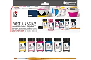 Marabu 1116000000087 - Porcelain & Glass Starter Set Matt, Porzellan- und Glasfarbe auf Wasserbasis, spülmaschinenfest ohne Einbrennen, 6 x 15 ml Farbe und Pinsel