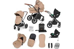 Ickle Bubba Stomp Luxe 12pc Travel System with i-Size Cirrus Car Seat & ISOFIX Base – All-Terrain Pram, Reversible Seat, Carrycot, UPF 50+ Hood, Rain Cover & Accessories (Black/Desert/Tan)
