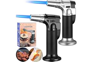 XWFEU 2pcs Blow Torch Lighter Butane Torch Lighter Refillable Kitchen Cooking Torch with Safety Lock Adjustable Flame for Desserts Creme Brulee BBQ Baking Camping-Butane Gas Not Included (Silver & Black)