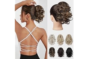 REECHO Pferdeschwanz Haarverlängerung, 23 cm Kurze lockige gewellte Haarklammer Haarteil Pferdeschwänze Haarverlängerungen Haarteile Ponytail Extension - Kastanienbraun mit goldenen Highlights