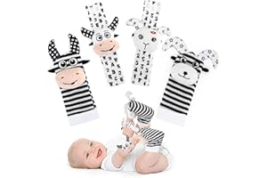 JoyPlus Sonajero Calcetines y Muñequeras Blanco y Negro para Bebé, Sonajeros de Muñeca Bebe Sonajero de Pies y Manos Juguetes, Sonajero para Recién Nacidos con Buscador de Muñeca para 0-12 Meses Bebé