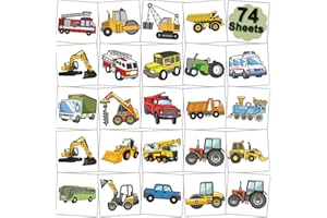 CHARLENT Tatuaggi Temporanei per Auto e Camion per Bambini - 74 Fogli Singoli Tatuaggi per Trattori da Costruzione per Bambini Bomboniere per Feste di Compleanno Riempitivi per Sacchetti Regalo