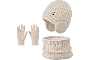ENWOKRAN D'hiver Enfant Bonnet avec Cache-Oreille Écharpe Gants 3 en1, Doublure Intérieure en Polaire Bonnet en Tricot Chaud Élastique Cache-Cou Gants à écran Tactile pour Fille Garçon 4-10