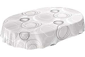 ‎ANRO ANRO Tischdecke Wachstuch abwaschbar Wachstuchtischdecke Wachstischdecke Kreise Geometrie Weiß Silber Oval 180x140cm