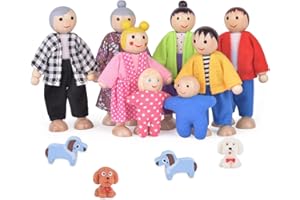 Aolso Wooden Dolls House Family Dolls Toys, Sets of 8 People Wooden Doll House with 4 Dogs, Lovely Happy Family Doll Playset DollHouse Accessories for Kids