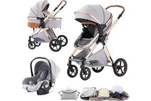 BEBBY Cochecito de bebé 3 en 1,Carrito Bebe 3 en 1 Con Asiento, Cochecitos Portátil Plegable Con Un Clic, Carricoche Combinado Paisaje Alto Marco de Aluminio Para Recién Nacido (Lightgrey, H2)