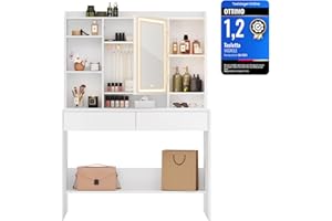 VASAGLE KAILYN Collezione - Toeletta con Luci LED 3 Colorazioni con Luminosità Regolabile, Tavolo da Trucco con Specchio, Ripiani Regolabili, 2 Cassetti, Postazione Trucco, Bianco RDT123T14
