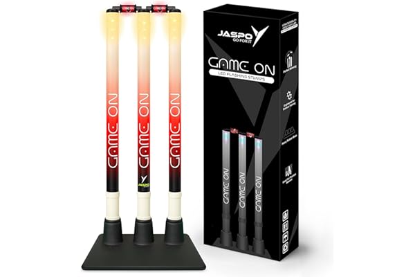 Jaspo LED Game-On 30 inches Wicket Set illuminating Plastic Stumps and bails with LED Lights Includes 3 Stumps, 2 LED Bails 1 Rubber Base, for Tournament, Gully Cricket, Box Cricket, Night Matches